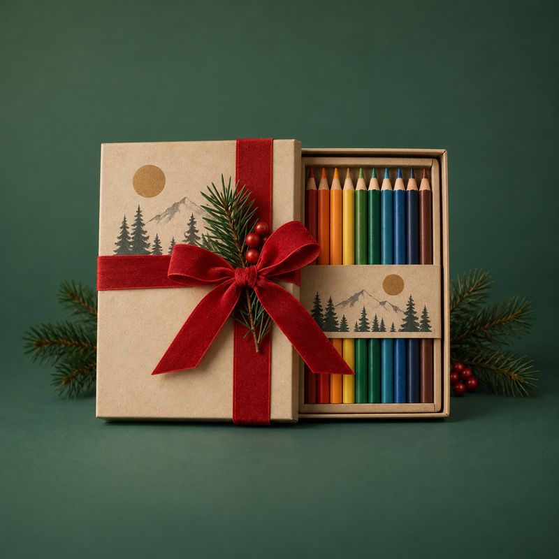 colored pencil gift set christmas product photo: A boxed set of colorful pencils is styled with a red velvet bow and evergreen sprigs against a deep green stud…