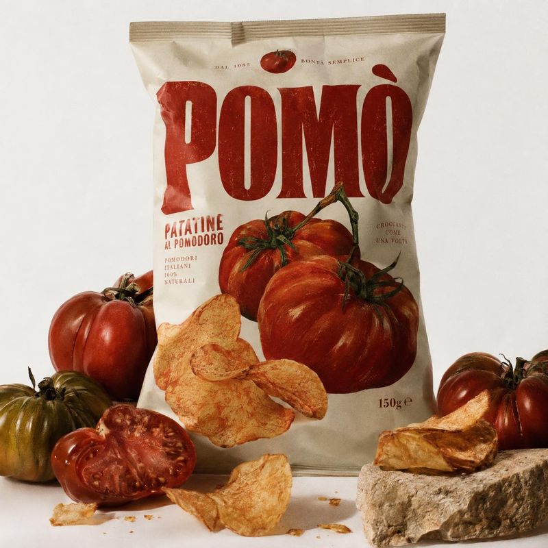 tomato-flavored potato chips ingredients product photo: A cream-colored bag of tomato-flavored chips stands among fresh tomatoes and scattered crisps on a pale…