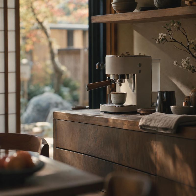 espresso machine equipment in use product photo: A minimalist espresso machine sits on a wooden kitchen counter beside cups and a kettle, warmly lit by soft af…