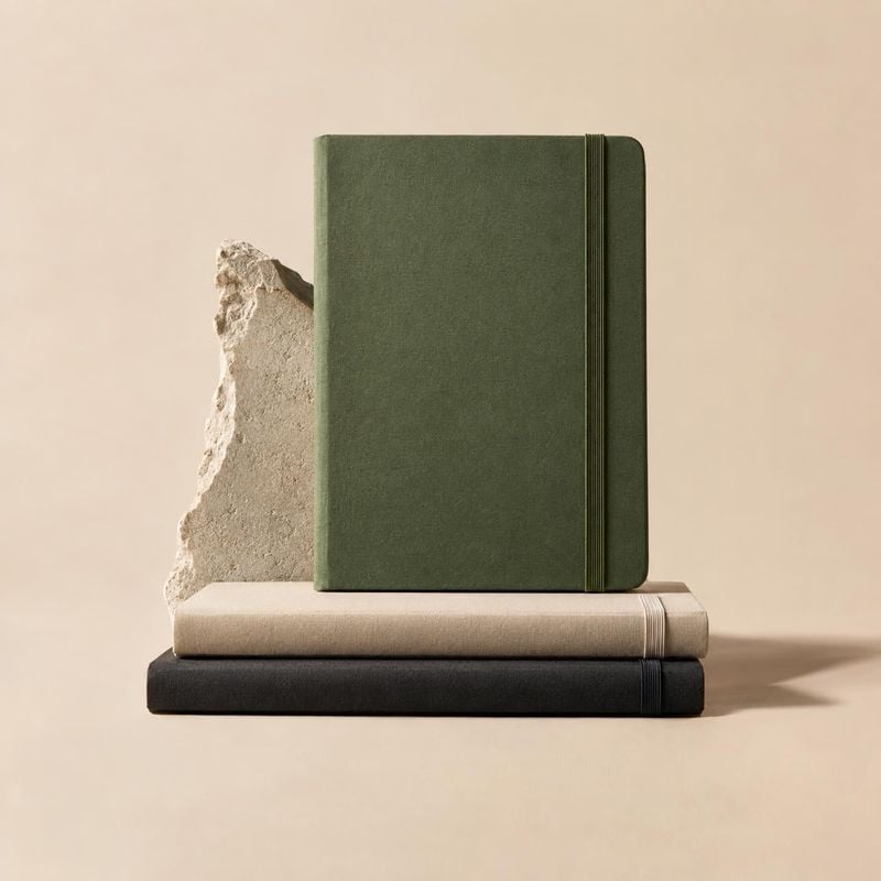notebooks stationery product photo: Three clothbound notebooks in muted green, beige, and charcoal are stacked against a textured stone fragment on a warm neut…