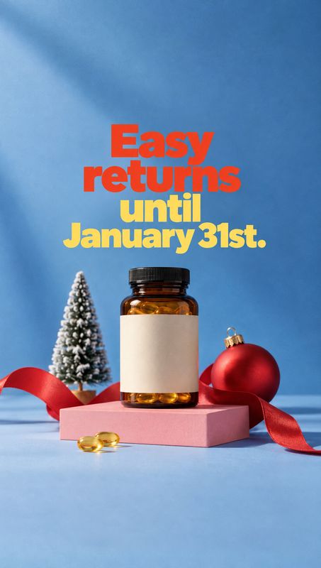 capsule supplement bottle personal care product photo: An amber bottle of capsules sits on a pink plinth amid red ribbon, a bauble and a miniature snowy tree,…