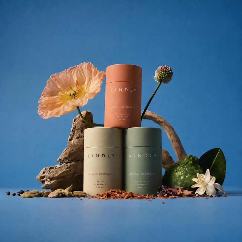 natural deodorant ingredients product photo: Three muted-color natural deodorant containers are arranged with flowers, botanicals, and pieces of wood against a…