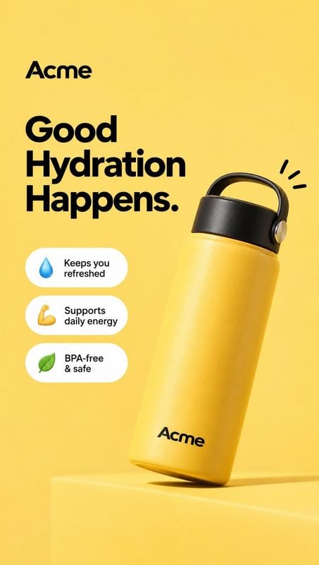 reusable water bottle packshot product photo: A yellow reusable bottle with a black handled cap is angled on a matching pedestal against a bright yellow studio…