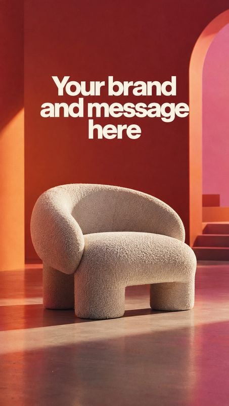upholstered chair room set product photo: A sculptural cream upholstered chair sits on a warm-toned studio set with an arched pink backdrop and bold white plac…