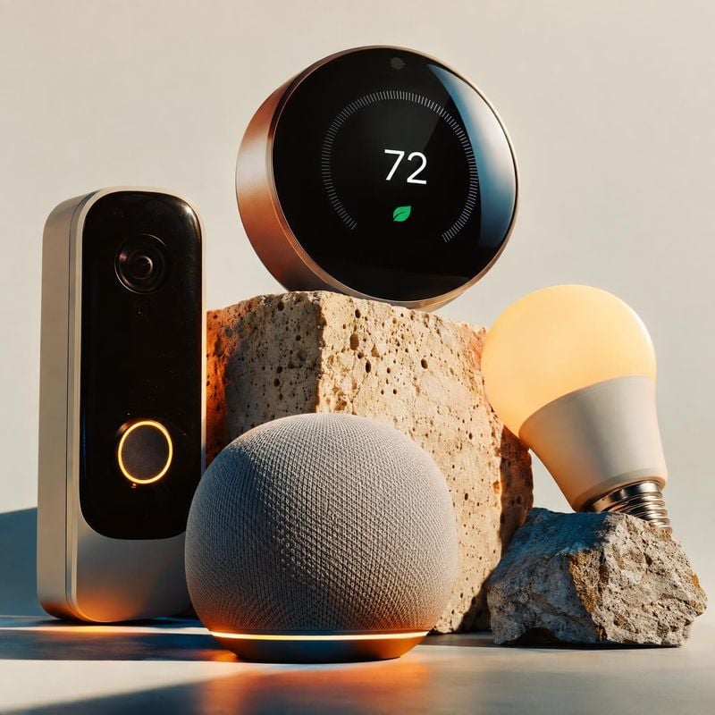 smart home devices electronics product photo: A coordinated set of smart-home devices, including a speaker, thermostat, doorbell camera and glowing bulb, is ar…