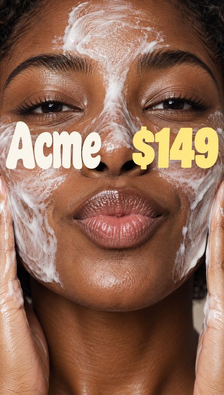 face cream on-body detail product photo: A tightly framed portrait shows a woman with white cream spread across her face, hands at her cheeks, with bold cream-…