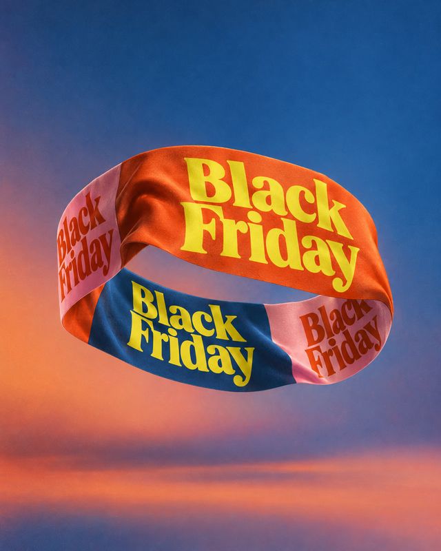 ghost mannequin product photo: A bright satin ribbon printed repeatedly with “Black Friday” floats against a dramatic blue-and-pink gradient sky, creating a bo…