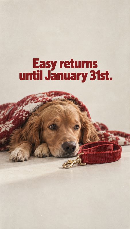 dog leash lifestyle scene product photo: A brown dog rests beneath a red patterned blanket beside a matching leash on a pale studio floor, with bold burgundy r…
