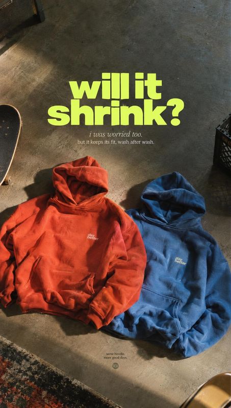 hoodies flat lay product photo: Two brightly colored hoodies lie on a concrete floor beneath a bold lime headline, creating a casual, youthful apparel campaign…