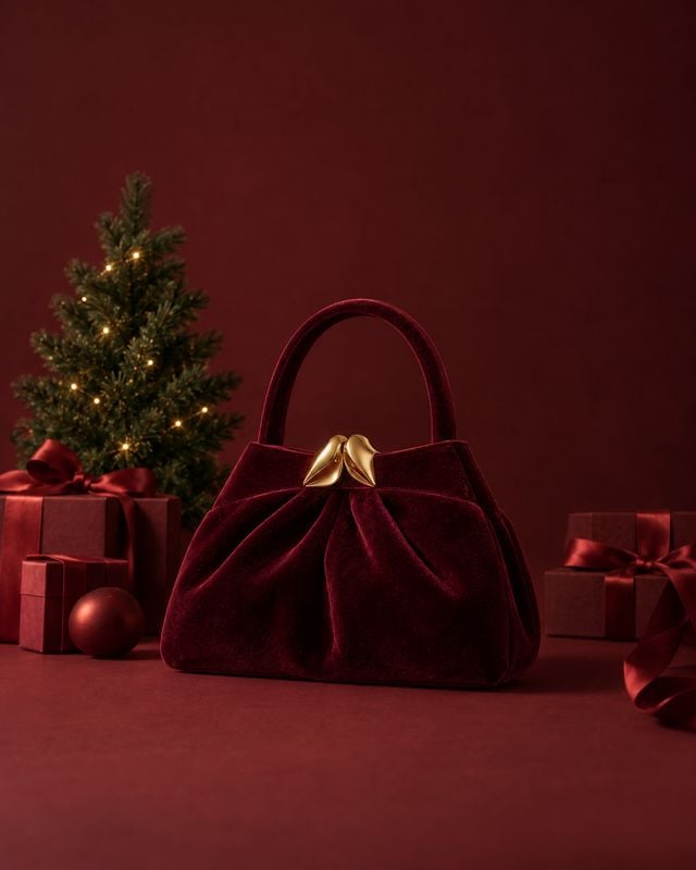 velvet handbag christmas product photo: A deep burgundy velvet handbag with a sculptural gold clasp sits among wrapped gifts and a softly lit Christmas tree ag…