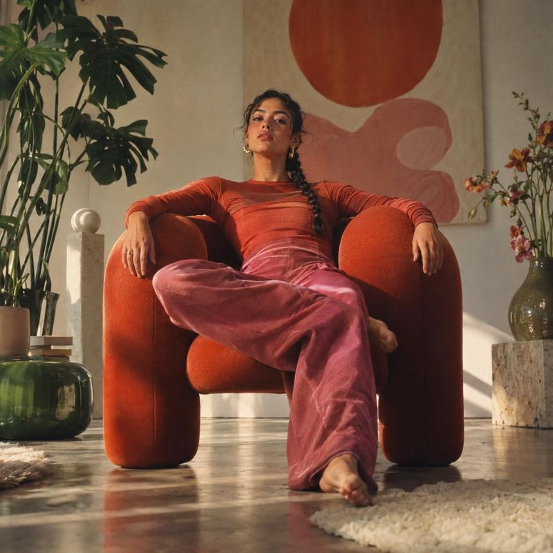 upholstered armchair lifestyle scene product photo: A woman in rust and rose-colored clothing reclines in a sculptural orange armchair among plants and abstrac…