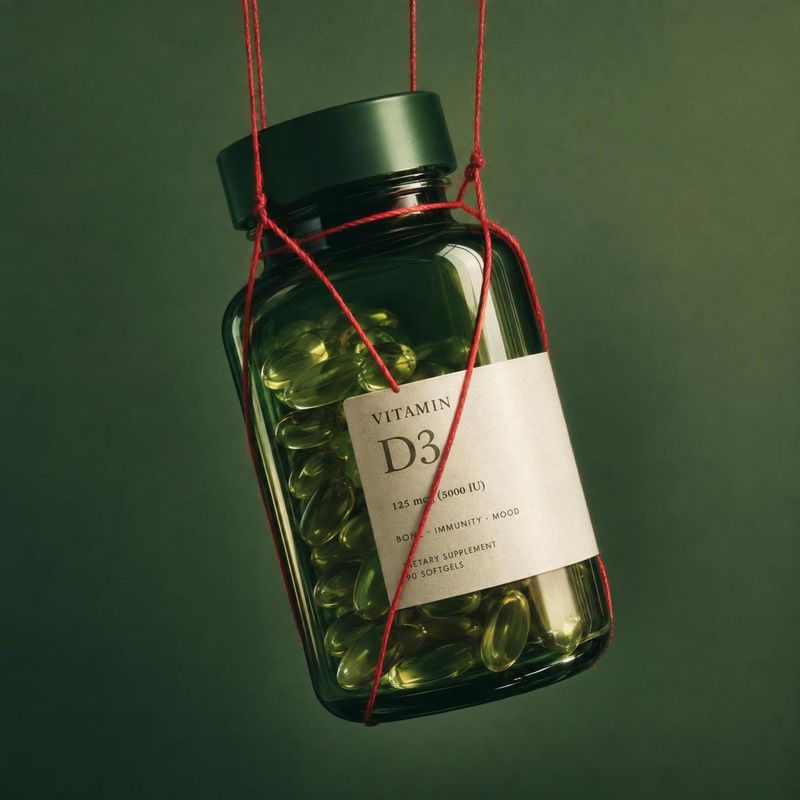 vitamin D3 supplement floating product product photo: A bottle of vitamin D3 softgels hangs from red cords against a deep green studio backdrop, with dramatic…