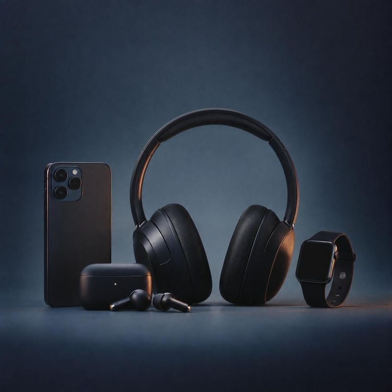 consumer electronics set black friday product photo: A coordinated set of dark smartphones, headphones, earbuds, and a smartwatch is arranged against a moody b…