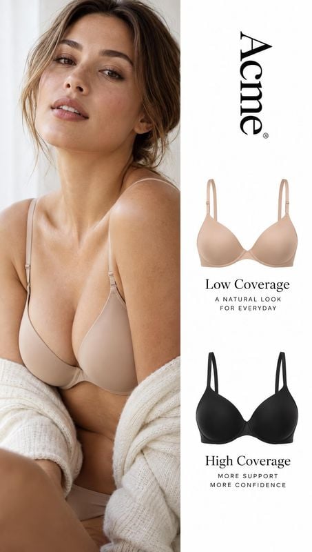 bras on-body detail product photo: A woman models a beige bra and loosely draped cream cardigan beside a clean white product-comparison layout with beige and b…