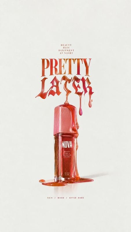 lip gloss texture / swatch product photo: A red-pink lip gloss bottle stands amid a glossy spill beneath dramatic dripping red typography, with generous pale s…