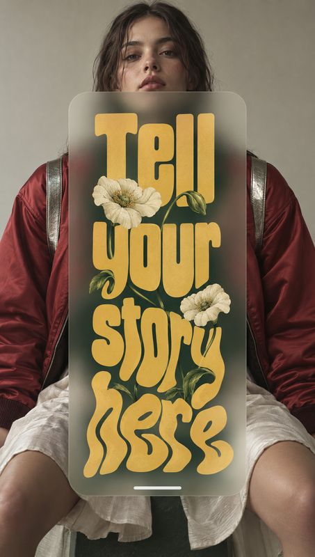 tablet electronics product photo: A woman in a red leather jacket holds a large screen displaying bold yellow lettering and white flowers against a muted studi…