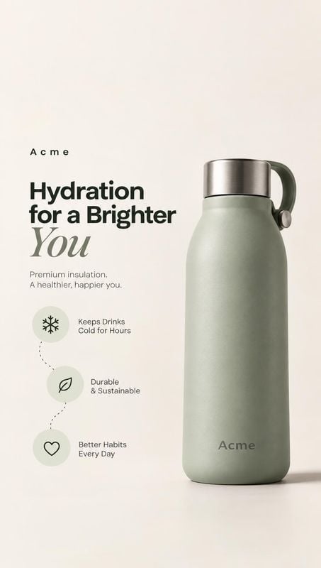 insulated water bottle packshot product photo: A sage-green insulated bottle with a stainless-steel lid stands against a warm, pale studio background, paired w…