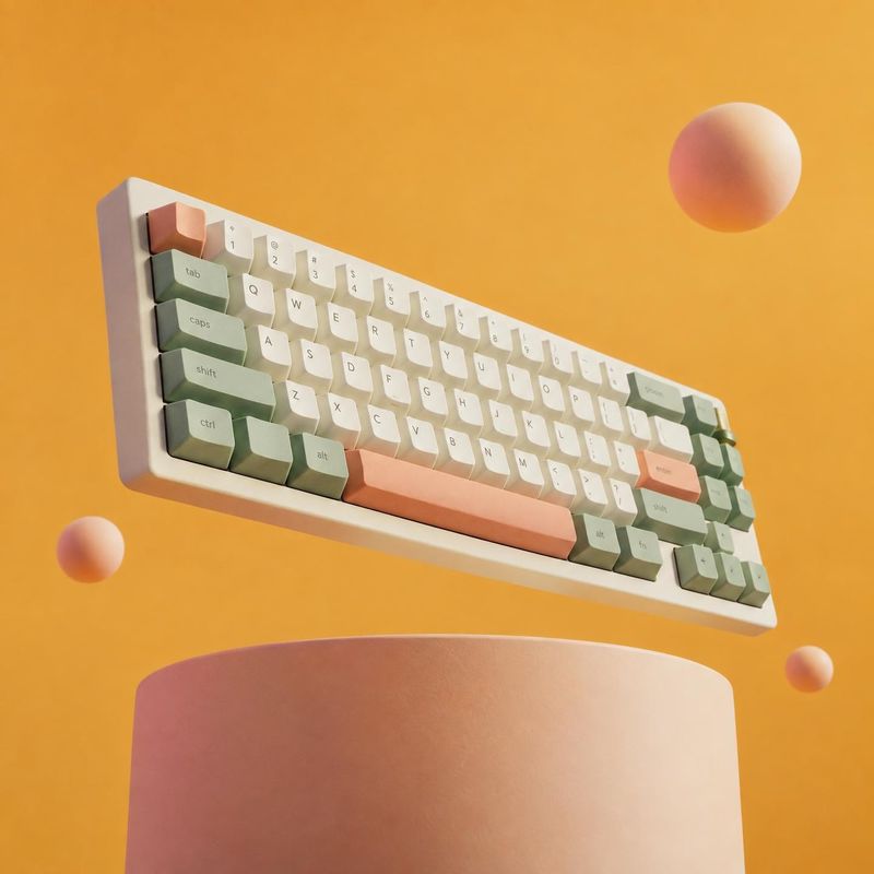 mechanical keyboard floating product product photo: A pastel mechanical keyboard floats above a rounded pedestal against a warm orange backdrop, with soft stud…