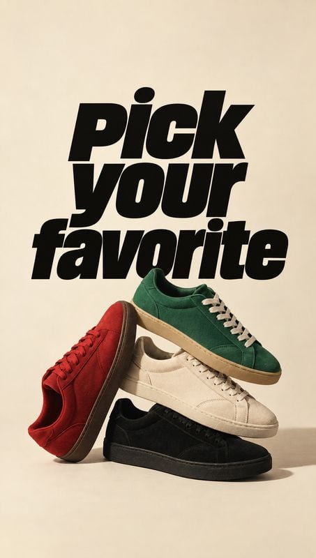 sneakers group lineup product photo: Four colorful sneakers are stacked against a warm cream studio backdrop beneath bold black display type, creating a playfu…