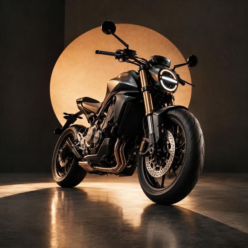 motorcycle vehicle exterior product photo: A black motorcycle is photographed from a dramatic low three-quarter angle in a dark studio, with a warm circular ba…