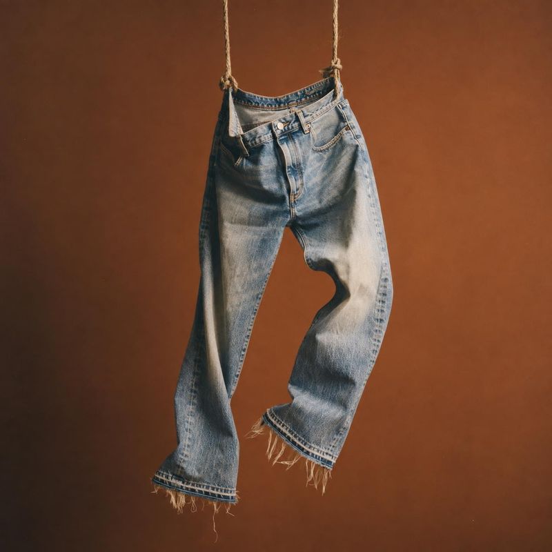 denim jeans ghost mannequin product photo: Light-wash, wide-leg jeans with frayed hems hang from rope against a warm rust-colored studio backdrop, creating a r…
