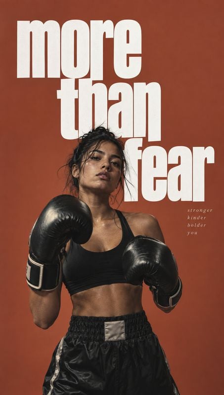 boxing gloves sports product photo: A female boxer in black gloves and athletic wear poses against a rust-red studio backdrop, with oversized white typography…