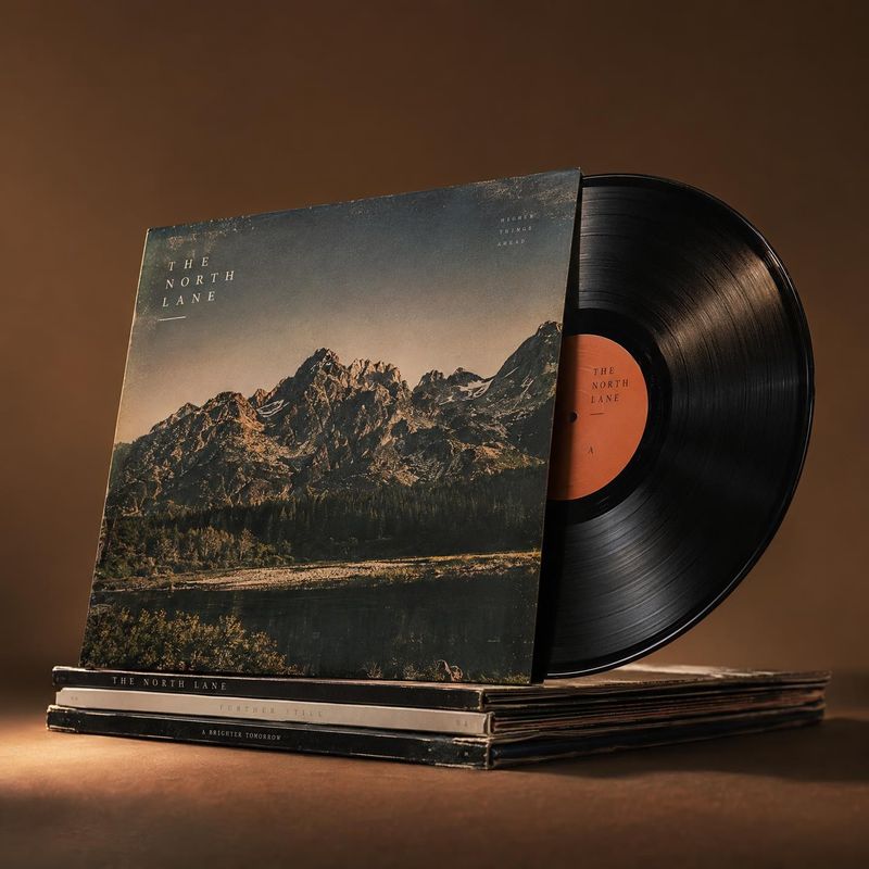 vinyl record and album sleeve book product photo: A black vinyl record peeks from a mountain-illustrated album sleeve resting on a stack of records, styled aga…