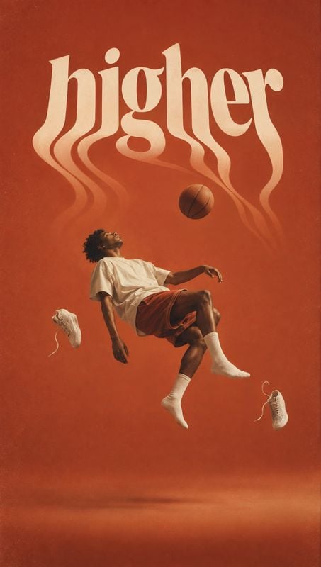 sneakers floating product product photo: A young man floats in a suspended basketball pose among airborne sneakers and a ball against a warm rust-colored backd…