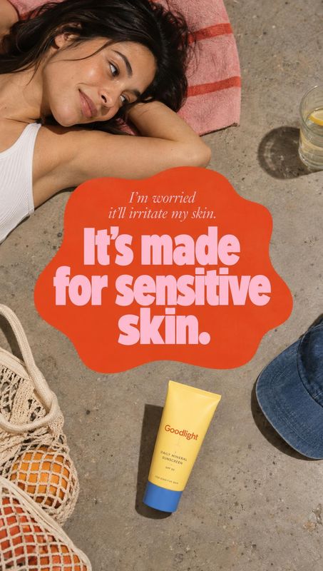 sunscreen lifestyle scene product photo: An overhead summer scene pairs a woman reclining on a striped towel with a yellow sunscreen tube on sunlit concrete, w…