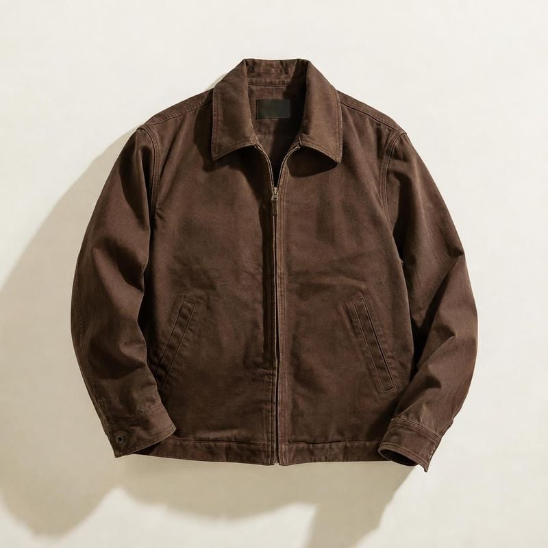 brown zip-up jacket flat lay product photo: A dark brown zip-front jacket is arranged neatly against a warm off-white studio background, with soft directional…