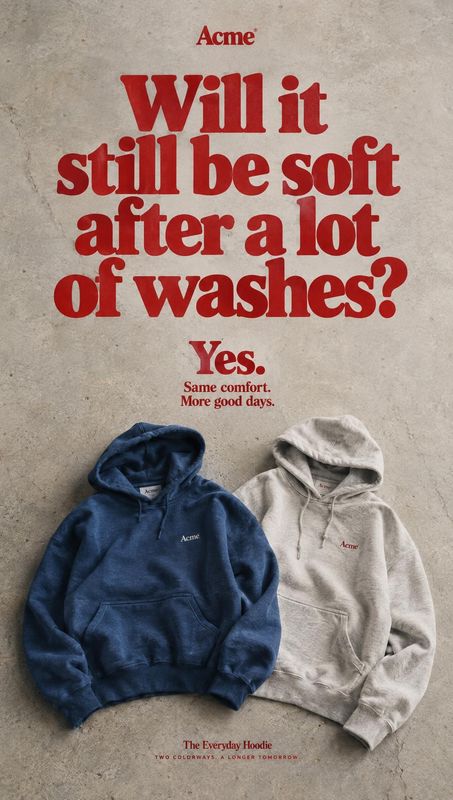 hoodies group lineup product photo: Two hoodies in navy and gray are arranged on a textured stone surface beneath bold red promotional typography, creating a d…