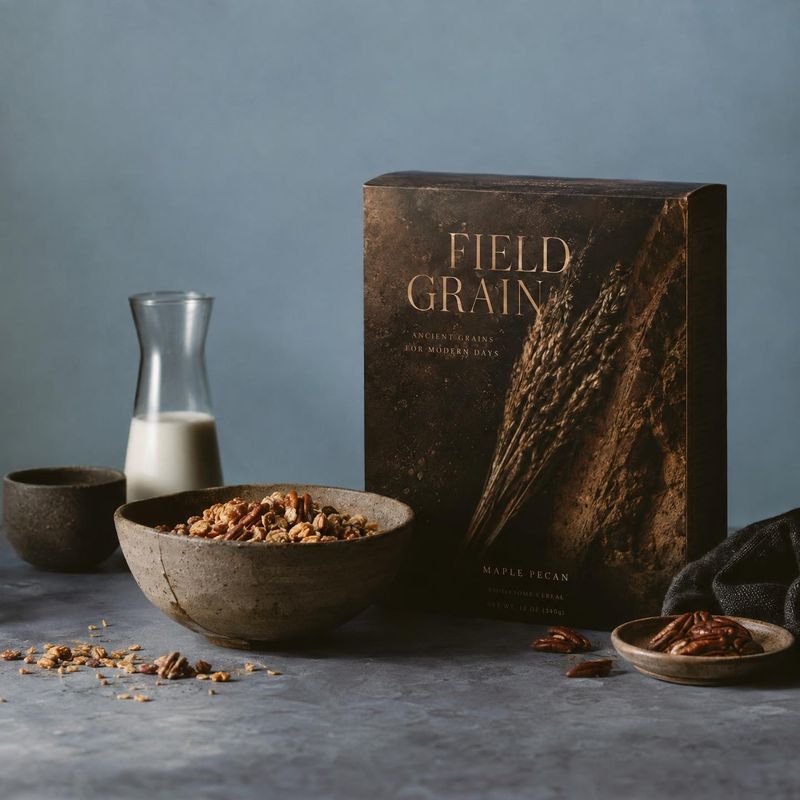 maple pecan cereal ingredients product photo: A dark cereal box is styled with a bowl of granola, milk, and pecans on a stone tabletop against a muted blue-gra…