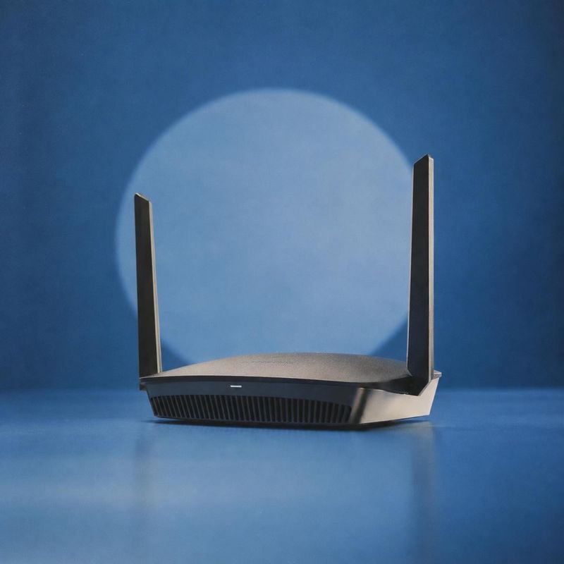 Wi-Fi router electronics product photo: A black Wi-Fi router with two upright antennas sits centered on a blue studio surface, lit by a soft circular spotlight…