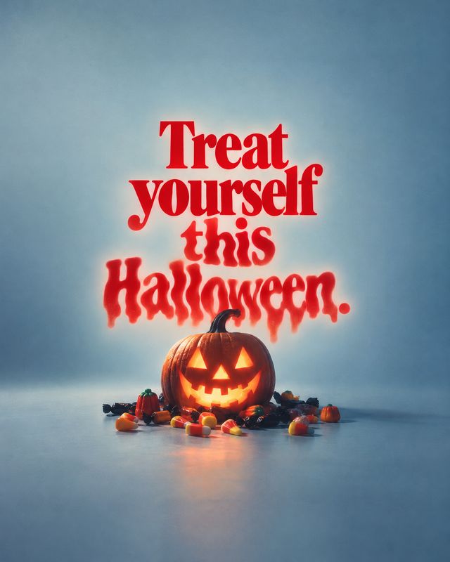 Halloween candy halloween product photo: A glowing jack-o’-lantern sits among scattered candy beneath bold red Halloween lettering, staged against a cool blue…