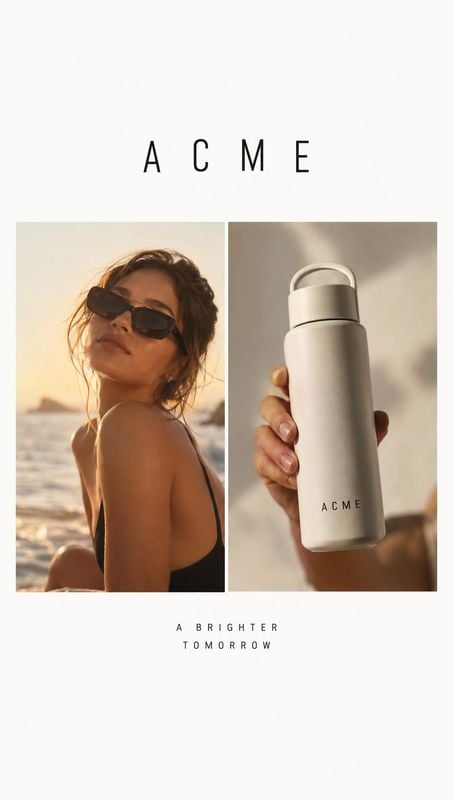 reusable water bottle product in hand product photo: A woman in dark sunglasses poses by the beach at golden hour beside a hand-held white bottle, framed with…