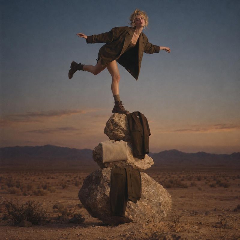 apparel action & motion product photo: A model in layered earth-toned clothing balances atop a stack of desert rocks, with additional garments draped below her…