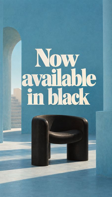 black accent chair black friday product photo: A sculptural black chair sits in a sunlit blue architectural setting beneath oversized cream lettering, creating…