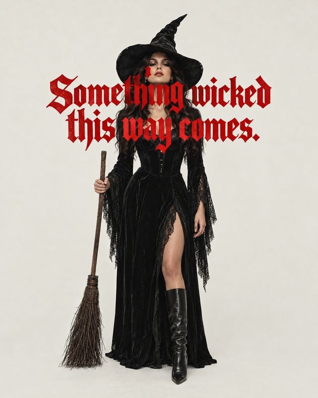 witch costume halloween product photo: A model poses in a black witch costume with a pointed hat and broom against a pale studio backdrop, with bold red gothic…