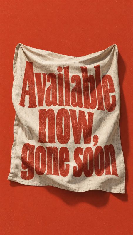 close-up detail product photo: A rumpled cream fabric banner printed with bold red “Available now, gone soon” lettering hangs against a vivid red backdrop, cre…