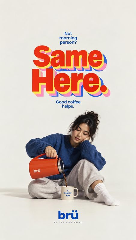 coffee pot and mug lifestyle scene product photo: A woman in a blue sweater pours coffee from a bright red pot into a mug, seated against a pale studio backdro…
