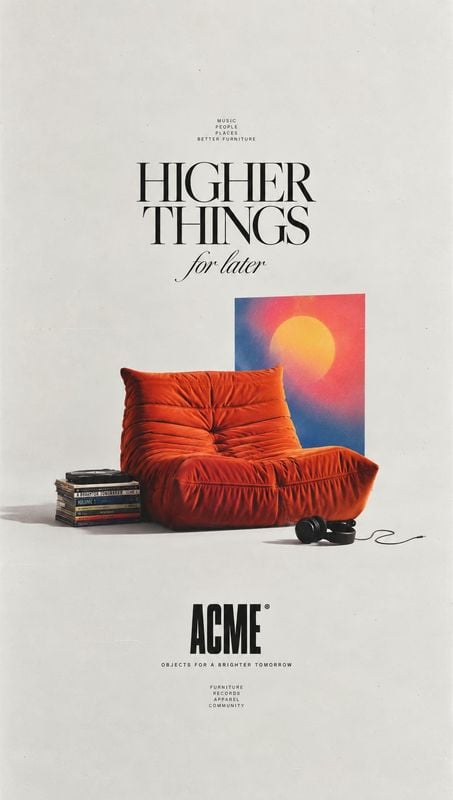upholstered lounge chair home product photo: A vivid orange upholstered lounge chair sits with books, headphones, and a colorful art print on a pale studio flo…