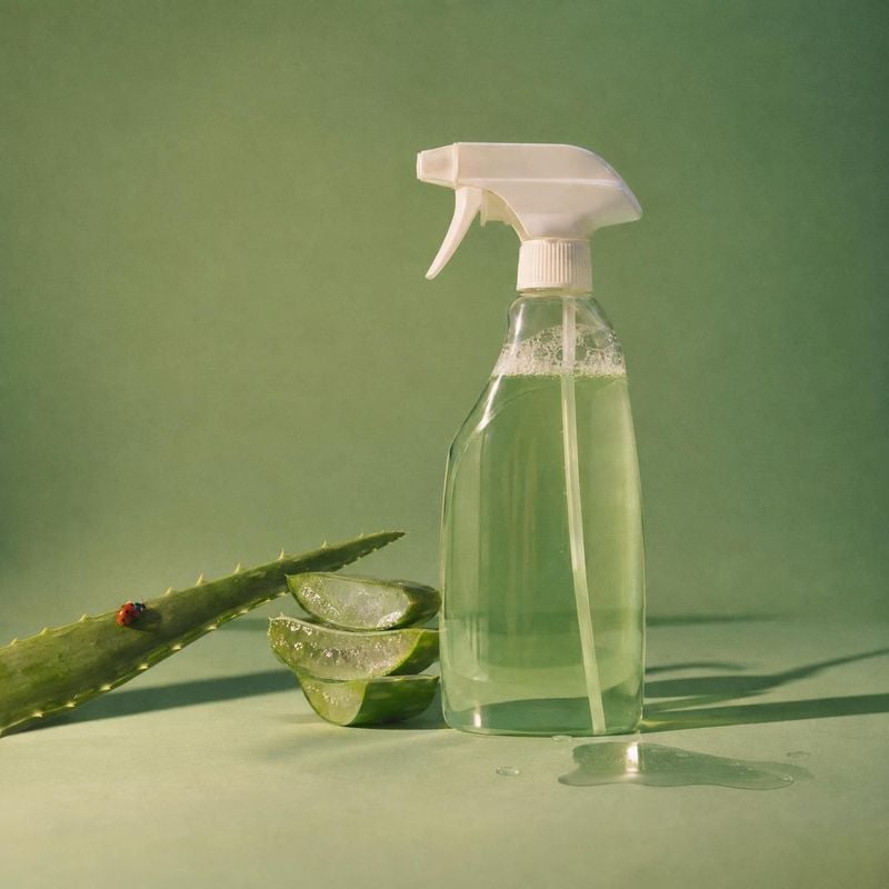 spray bottle ingredients product photo: A clear spray bottle stands beside fresh aloe vera on a muted green studio surface, lit warmly with long soft shadows f…