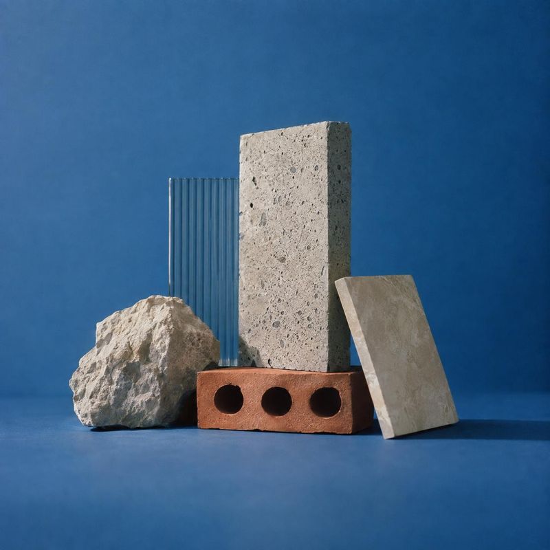 construction material samples texture / swatch product photo: A sculptural arrangement of stone, concrete, brick, and glass samples sits against a vivid blue s…