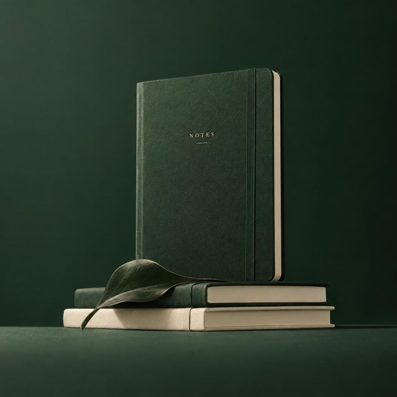 notebooks stationery product photo: A stack of dark green and cream notebooks, styled with a curved leaf against a deep green studio backdrop, is lit with soft…