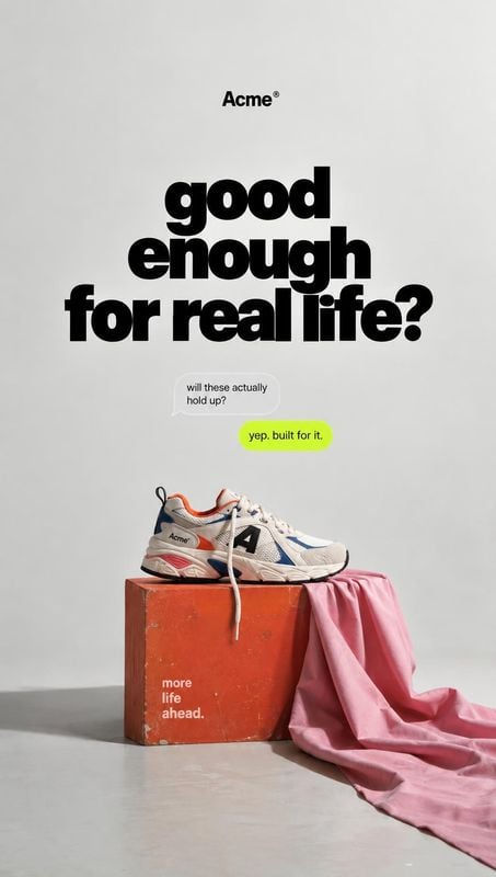 sneaker fashion product photo: A white-and-blue sneaker rests on a weathered red pedestal draped with pink fabric beneath bold black headline typography, creat…