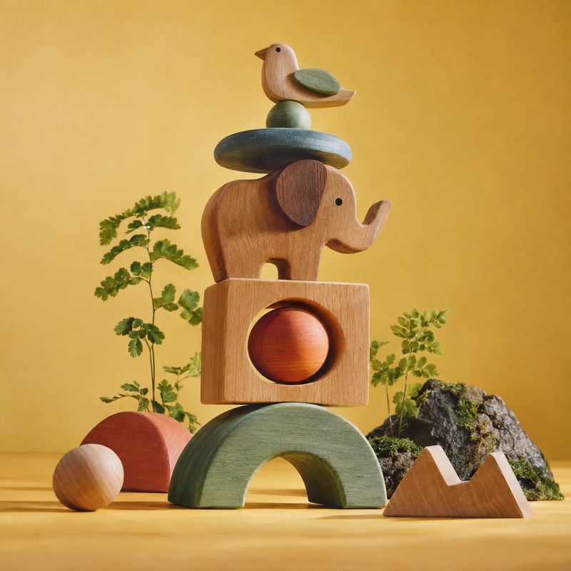 wooden stacking toy toys product photo: A sculptural stack of colorful wooden animal and geometric toys stands among small plants and mossy stones against a wa…