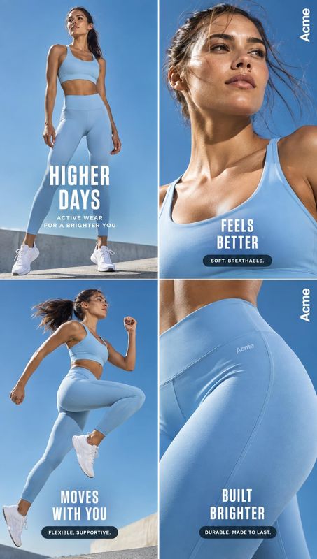 blue activewear set close-up detail product photo: A woman models a pale blue sports bra and leggings across a four-panel campaign collage, with bright dayligh…