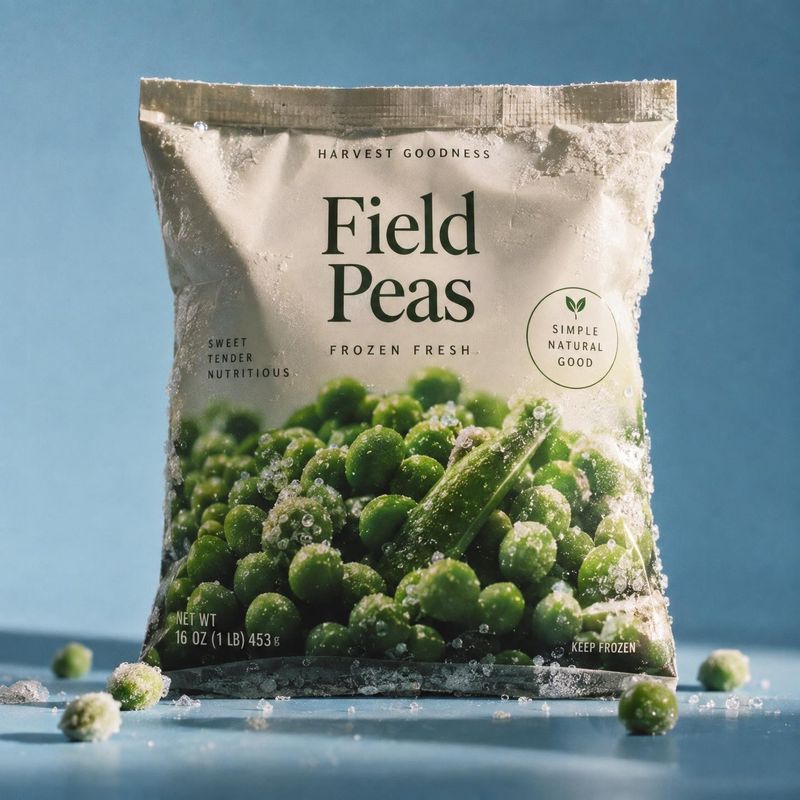 frozen field peas food and drink product photo: A frost-covered bag of green field peas stands on a cool blue studio surface, with loose peas scattered nearby…