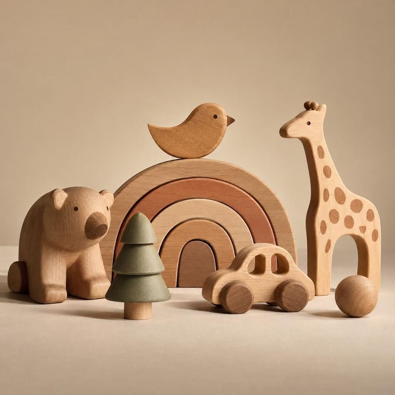wooden animal and vehicle toys toys product photo: A carefully arranged collection of wooden animal, vehicle, and stacking toys sits against a warm beige studi…