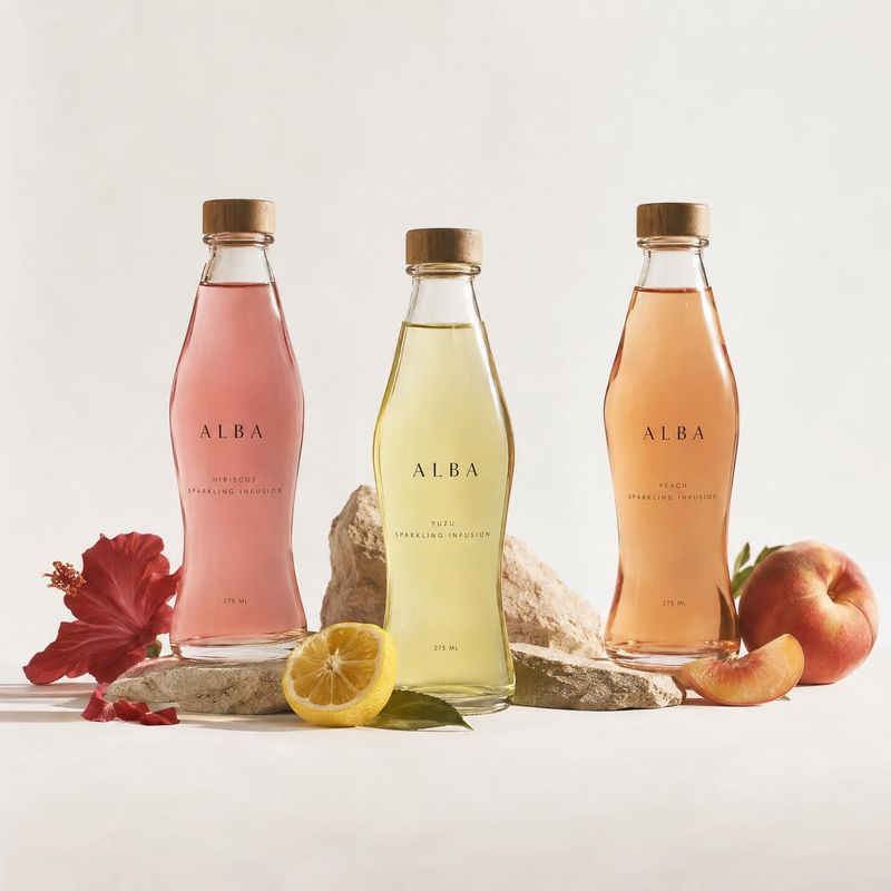 sparkling fruit infusion ingredients product photo: Three pastel-colored sparkling infusion bottles stand among citrus, peach, hibiscus and natural stone on a…